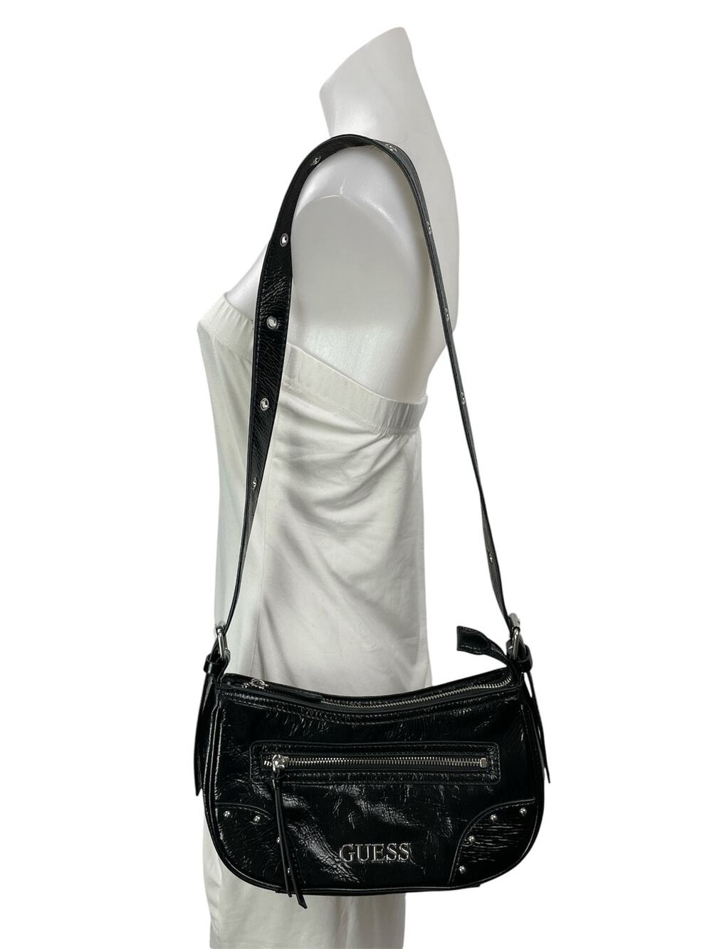 Guess Dementri Women's Black Faux Leather Vegan Studded Shoulder Bag Size OS